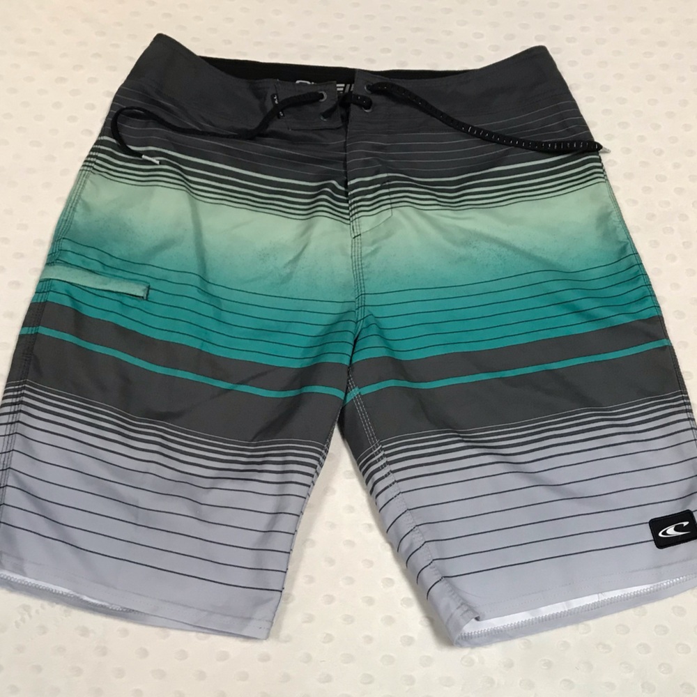O’neill Men's 33 Green / Gray Board Swim Shorts, No Slip ties, Side Zip Pocket